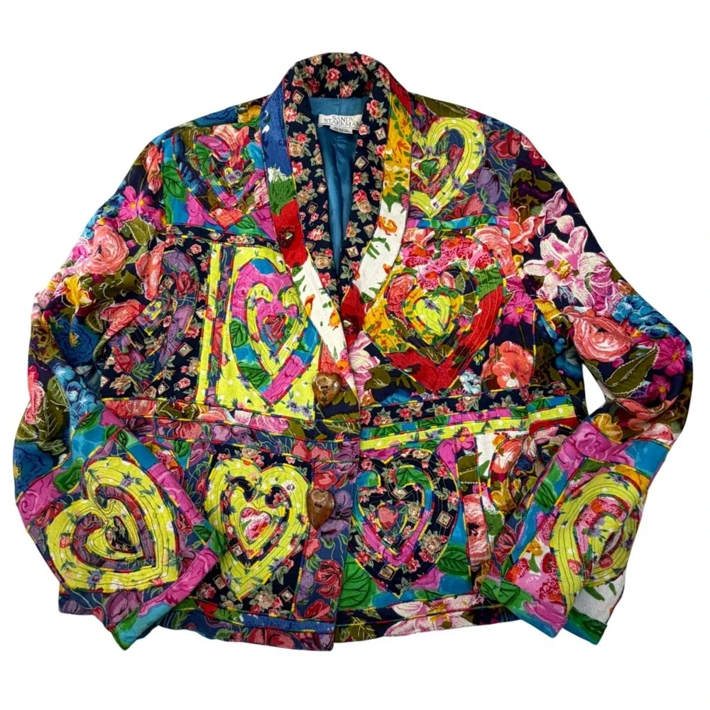 Sandy Starkman Art Jacket M Quilted Patchwork Hearts Floral Rayon Boho VTG - Picture 2 of 16